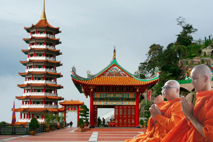 Monks are praying at Genting temple Malaysia