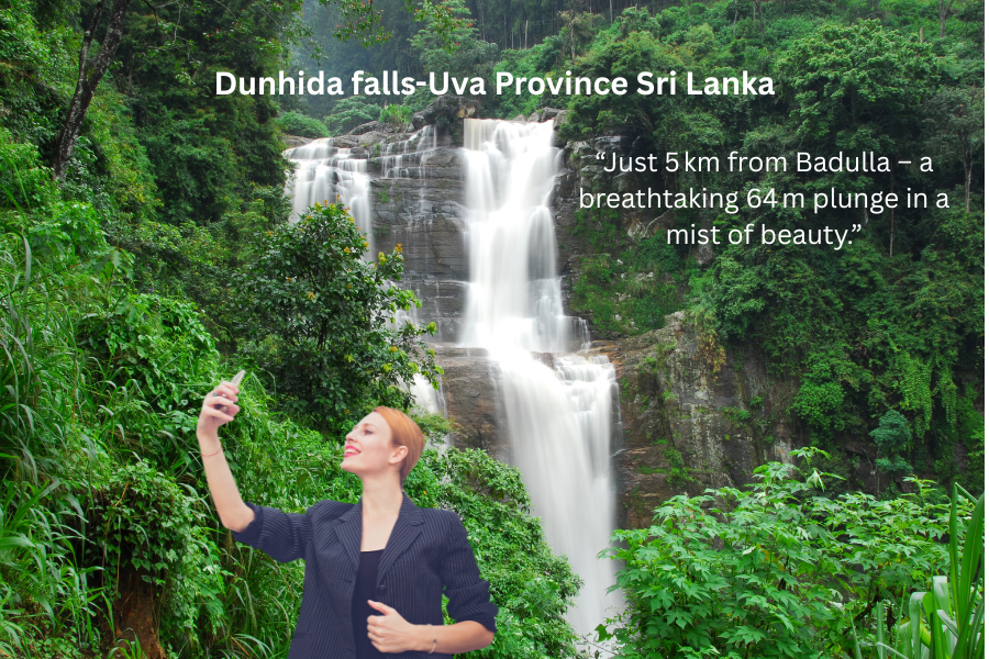 “Approx. 5 km from Badulla town • 64 m (210 ft) height • Misty spray known as ‘Dun’.”